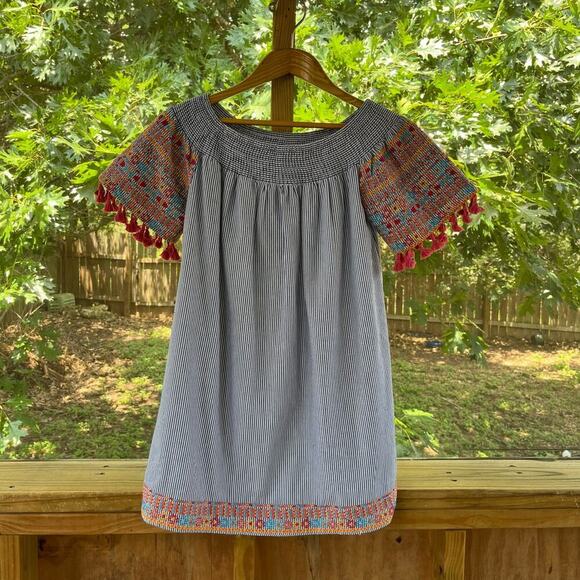 Savanna Jane Women's Blue Striped Embroidered Trim Mini Dress Size S - Picture 1 of 7